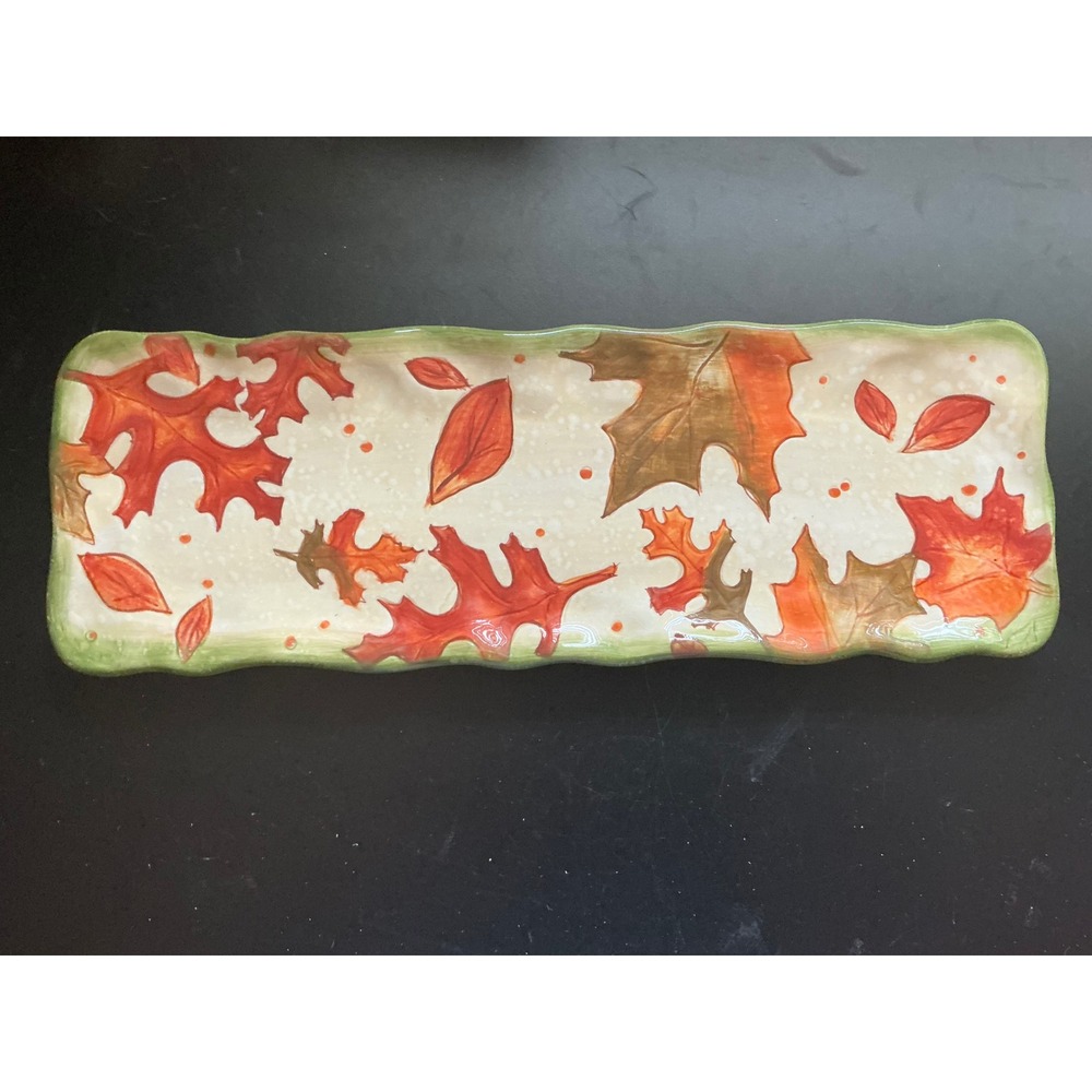 Bella Casa by Ganz Ceramic Fall Leaf Serving Platter Scalloped Rectangular Tray